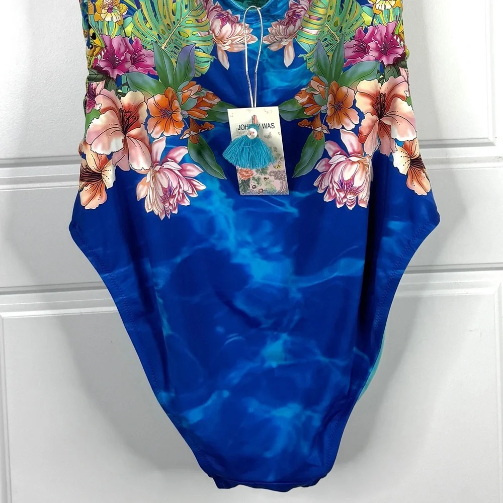 JOHNNY WAS Water Tropic Ruched Sweetheart One Piece Swimsuit NEW Size XL Blue